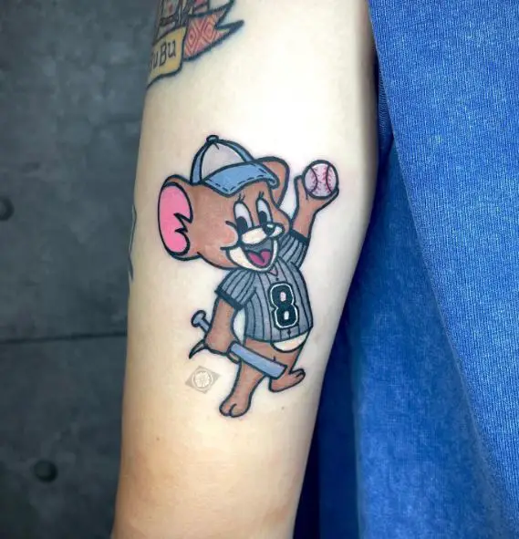 Jerry Mouse Baseball Player Biceps Tattoo