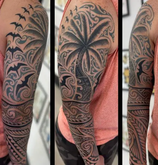 Birds and Tribal Palm Tree Arm Sleeve Tattoo