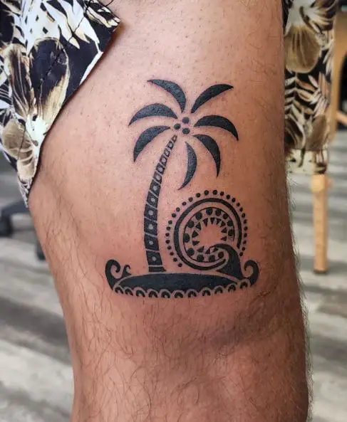 Black Tribal Symbol and Palm Tree Thigh Tattoo