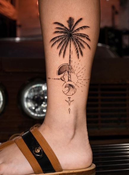 Symmetrical Sun, Wave and Palm Tree Leg Tattoo