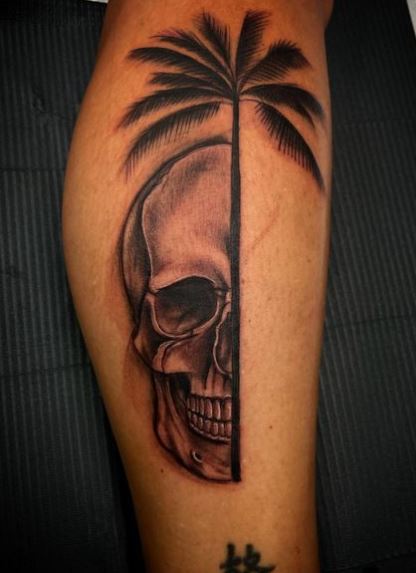 Shaded Half Skull and Palm Tree Leg Tattoo