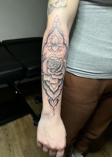 Rose and Mandala Forearm Sleeve Tattoo