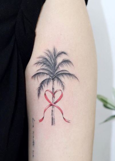 Pink Ribbon and Palm Tree Biceps Tattoo