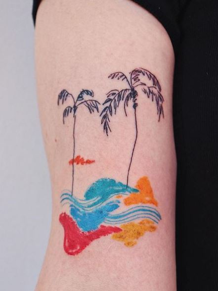 Colored Waves and Palm Trees Biceps Tattoo