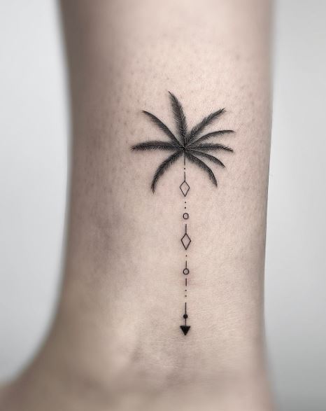 Black and Grey Palm Tree with Geometrical Symbols Ankle Tattoo