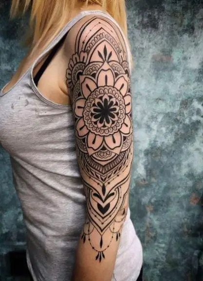 Black and Grey Mandala Arm Half Sleeve Tattoo