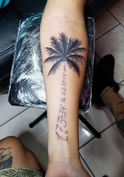 Black Palm Tree with Coordinates Forearm Tattoo