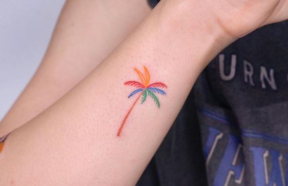 Minimalistic Colorful Palm Tree Forearm Tattoo