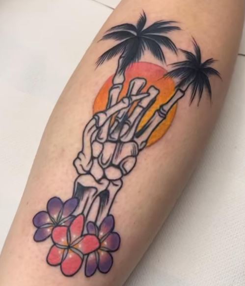 Colorful Flowers and Skeleton Hand with Palm Trees Tattoo