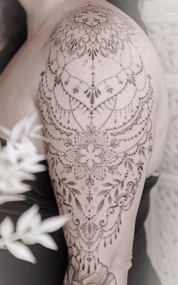 Grey Ornamented Arm Half Sleeve Tattoo