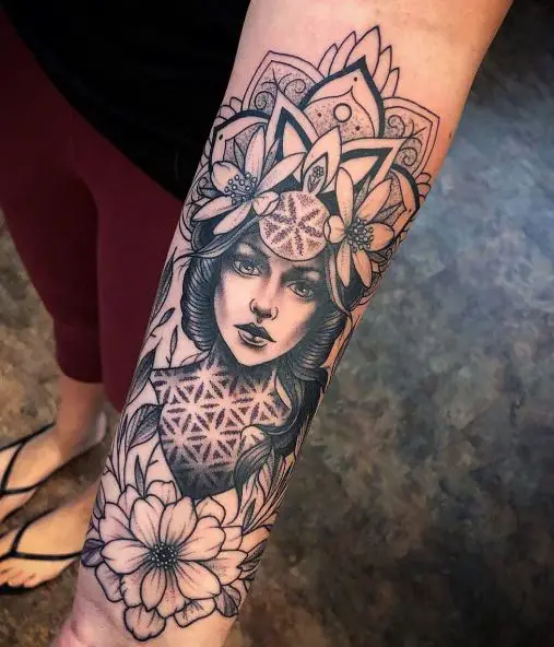 Goddess with Flowers Forearm Sleeve Tattoo