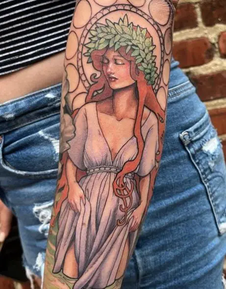Colorful River Goddess Forearm Sleeve Tattoo