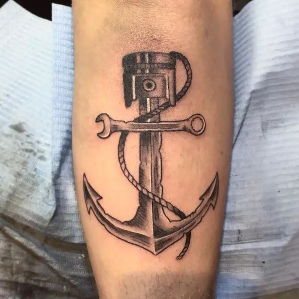 Anchor with a Wrench and a Piston Tattoo