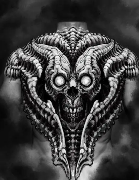 Biomechanical Demon Skull Back Tattoo