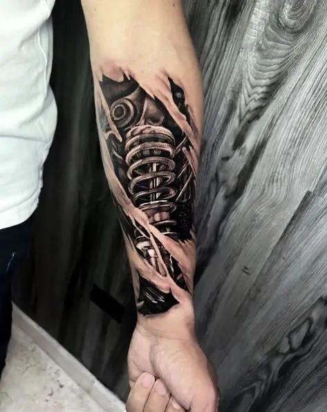 Black Ink Bio Mechanical Forearm Tattoo