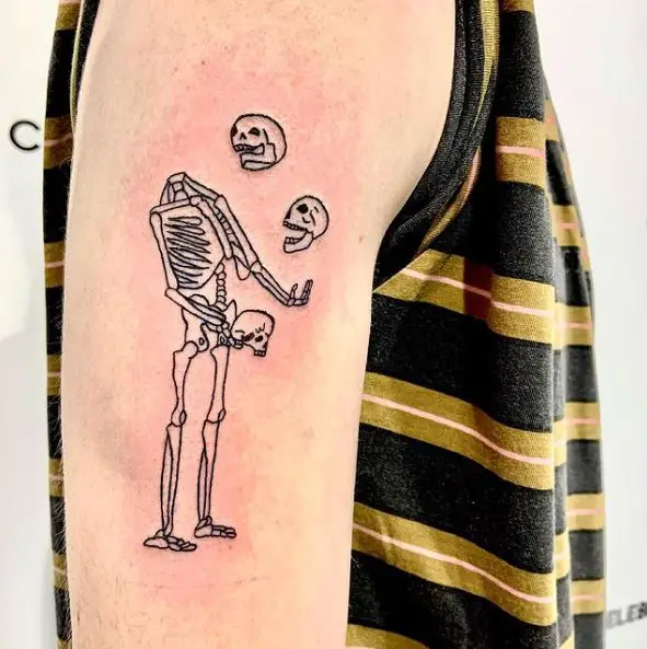 Black Line Juggling Skeleton Arm Tattoo