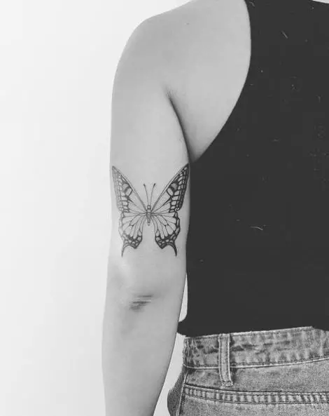 Black and Grey Butterfly Back of Arm Tattoo