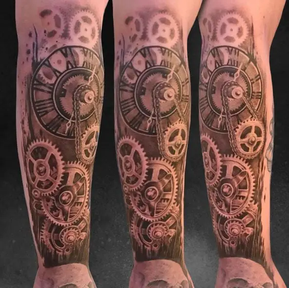 Black and Grey Clockwork Half Sleeve Tattoo