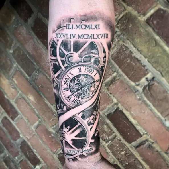 Black and Grey Clockwork with Roman Numbers Tattoo