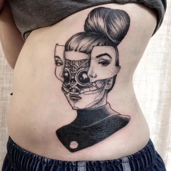Black and Grey Cyborg Rib Tattoo