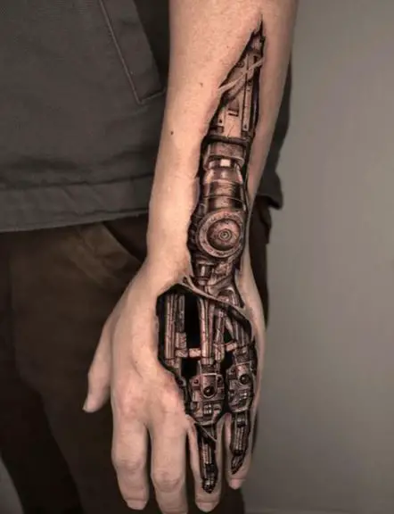 Black and Grey Mechanical Hand Tattoo