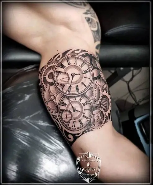 Black and Grey Mechanical Clock Arm Tattoo