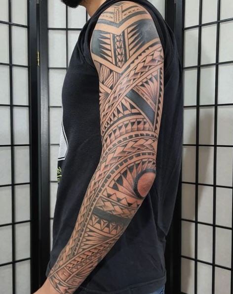 Black and Grey Samoan Full Sleeve Tattoo