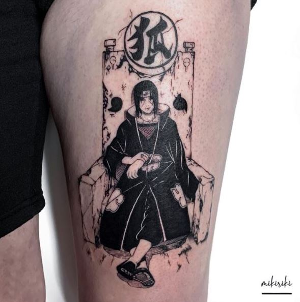 Black and White Itachi Uchiha Naruto Thigh Tattoo