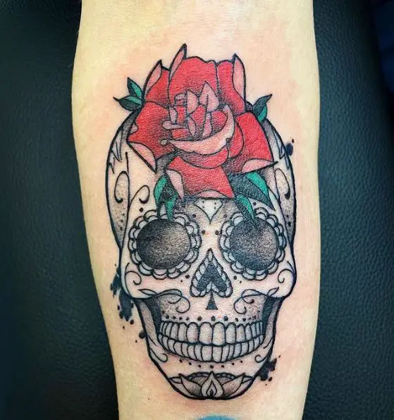 Black and White Skull with Red Rose Tattoo