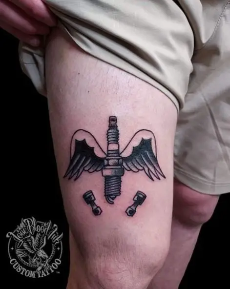 Black and White Spark Plug with Wings Tattoo