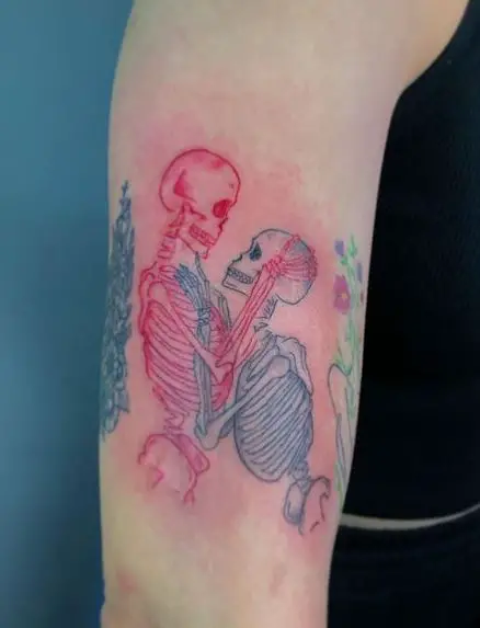 Blue and Red Skeleton Couple Tattoo