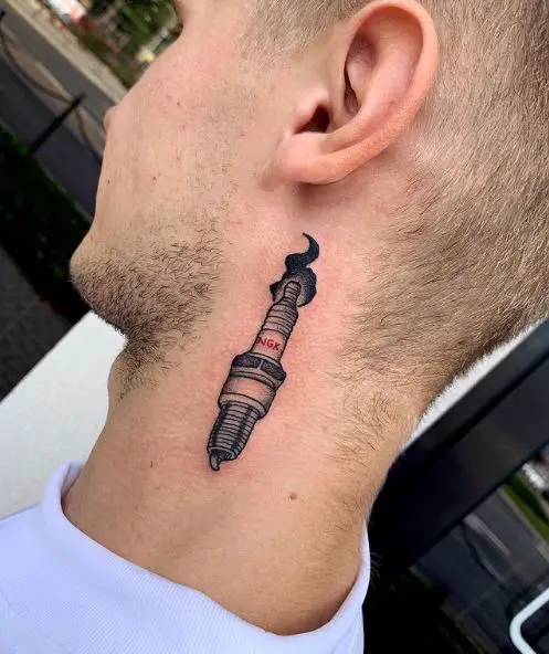 Burning Spark Plug Neck Tattoo