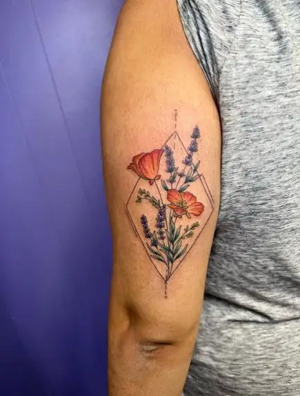 California Poppies and Lavenders with Geometric Accents Tattoo