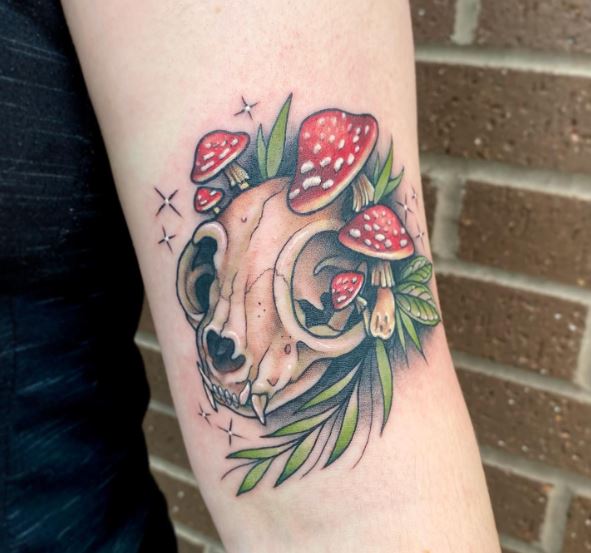 Cat Skull with Red Mushrooms Inner Bicep Tattoo