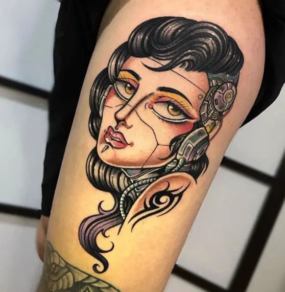 Colorful Female Cyborg Tattoo Piece