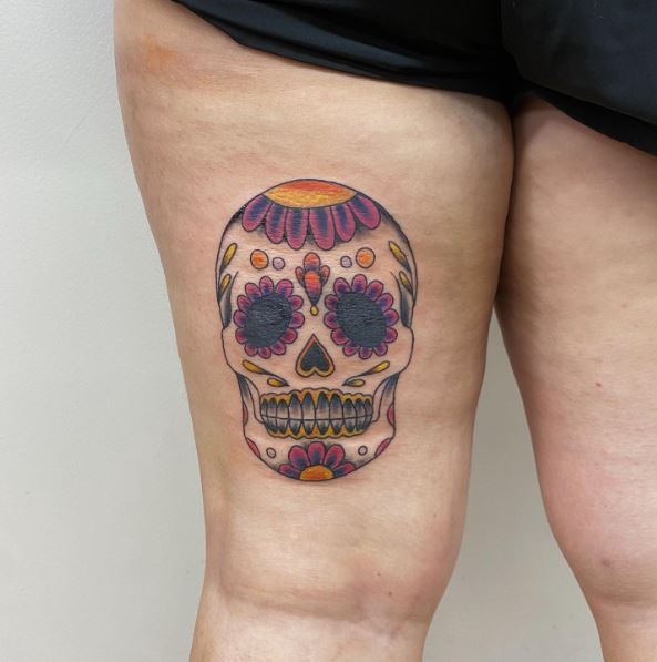 Colorful Sugar Skull Thigh Tattoo