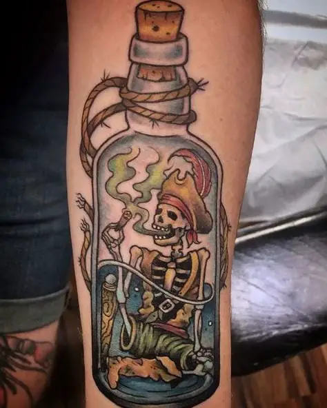 Custom Tattoo of a Smoking Skeleton Trapped Inside a Bottle