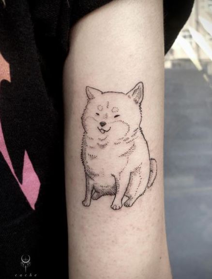 Dotted Line Smiling Dog Tattoo