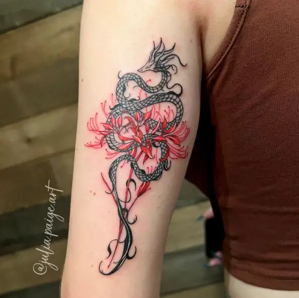 Dragon and Spider Lily Tattoo on the Tricep