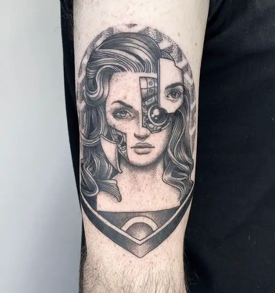Female Face with Mechanical Elements Tattoo