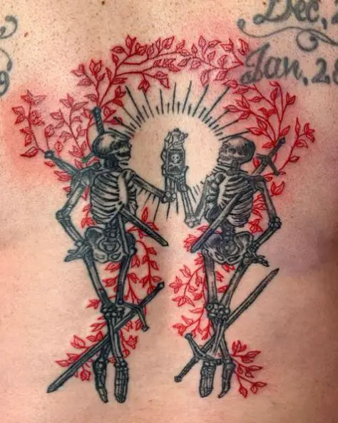 Skeleton Guards with Red Floral Background