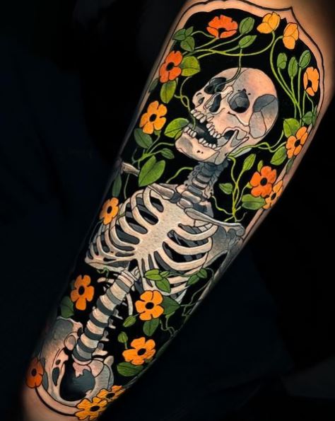 Skeleton with Orange and Yellow Florals Tattoo