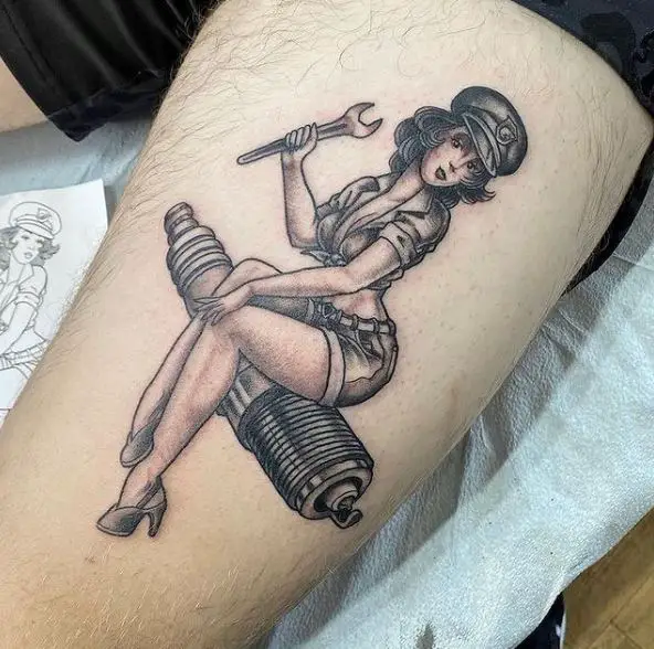 Lady Mechanic with Tools Tattoo Piece
