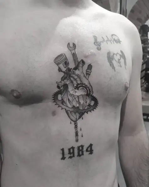 Mechanical Tools with Organ Heart Chest Tattoo