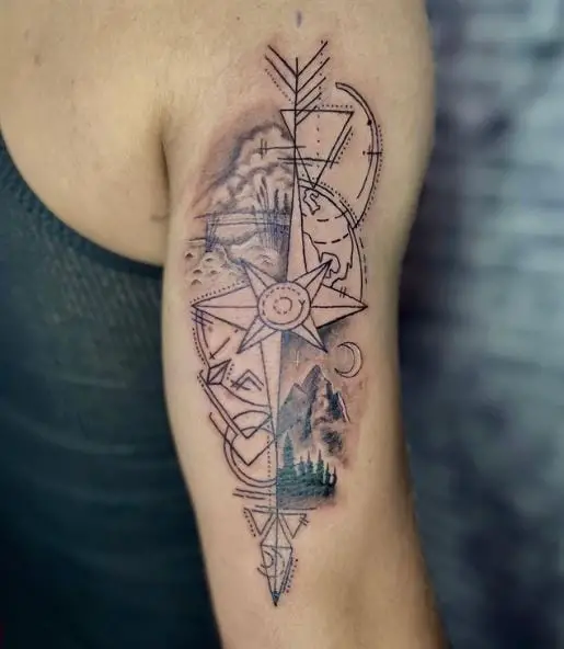 Nature and Compass Combo Back of Arm Tattoo