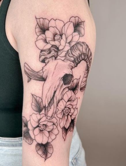 Ram Skull with Flowers Back of Arm Tattoo