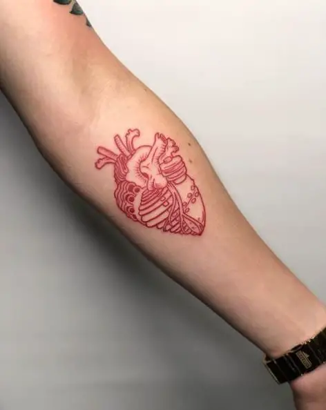 Red Ink Mechanical Heart Forearm Tattoo