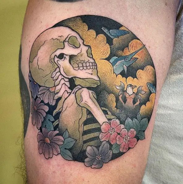 Skeleton with Flowers, Plants, Fish, and Birds Tattoo Piece