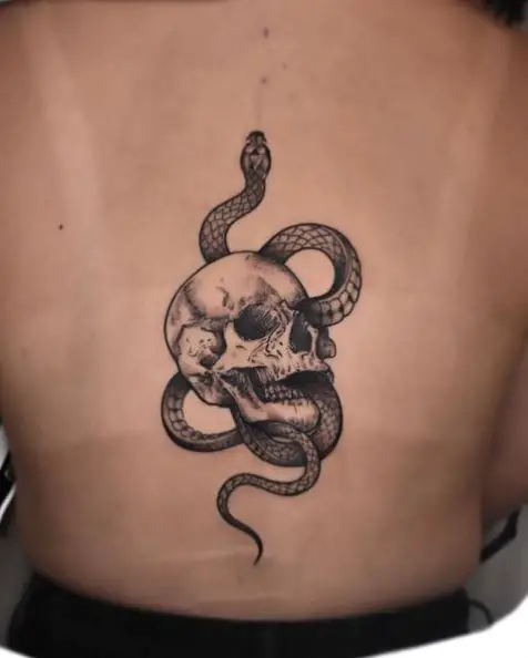 Skull and Bold Snake Back Tattoo