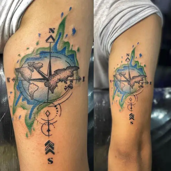 World Map and Compass Back of Arm Tattoo
